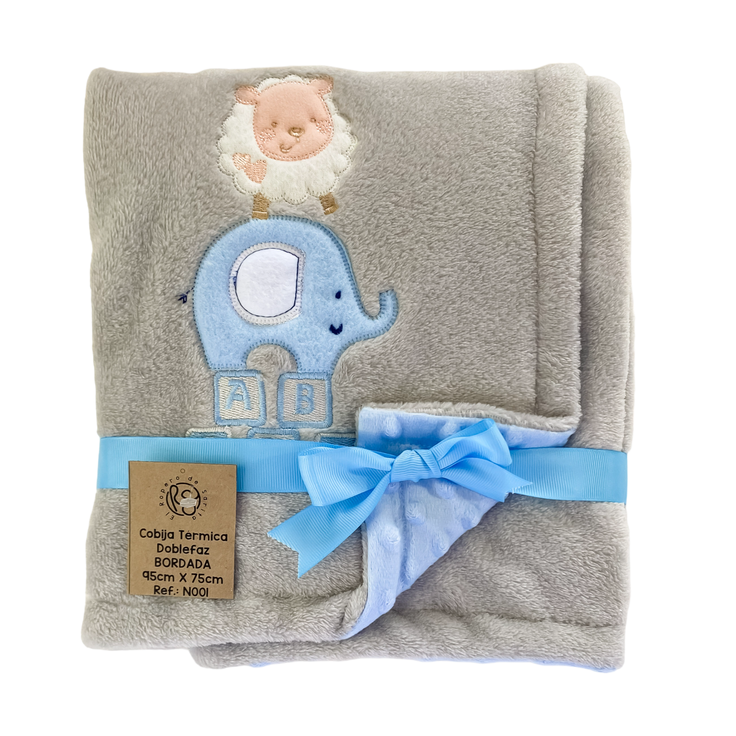 Abrazo Cálido Elephant Sky Blue - Cobija Térmica Bordada Doble Faz