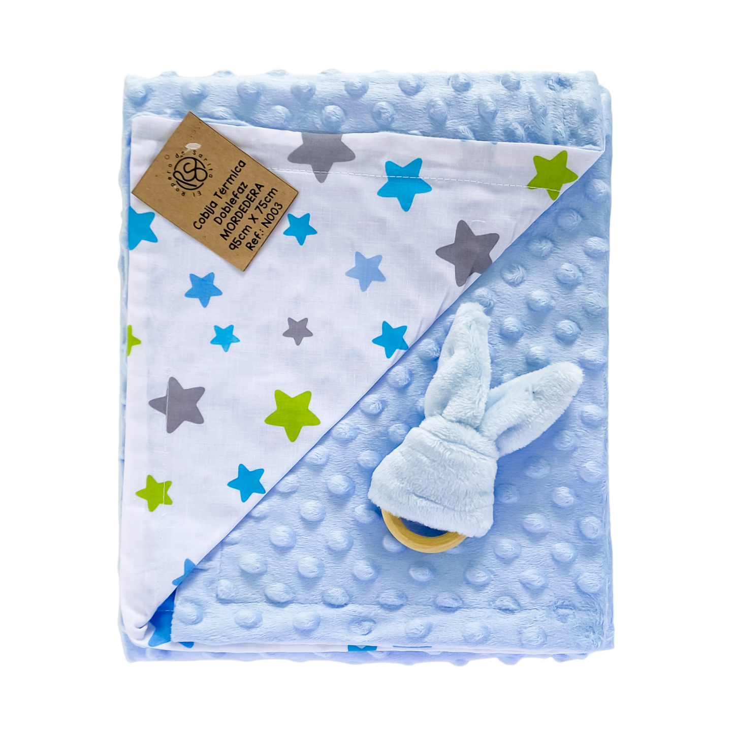Dulces Sueños y Juegos Celeste - Cobija térmica doble faz y Mordedera
