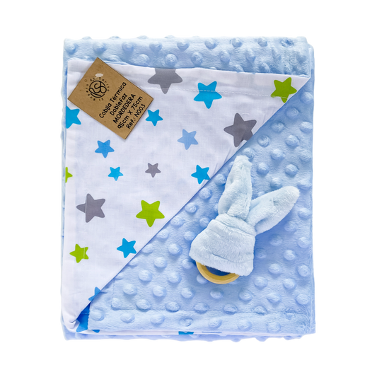 Dulces Sueños y Juegos Celeste - Cobija térmica doble faz y Mordedera