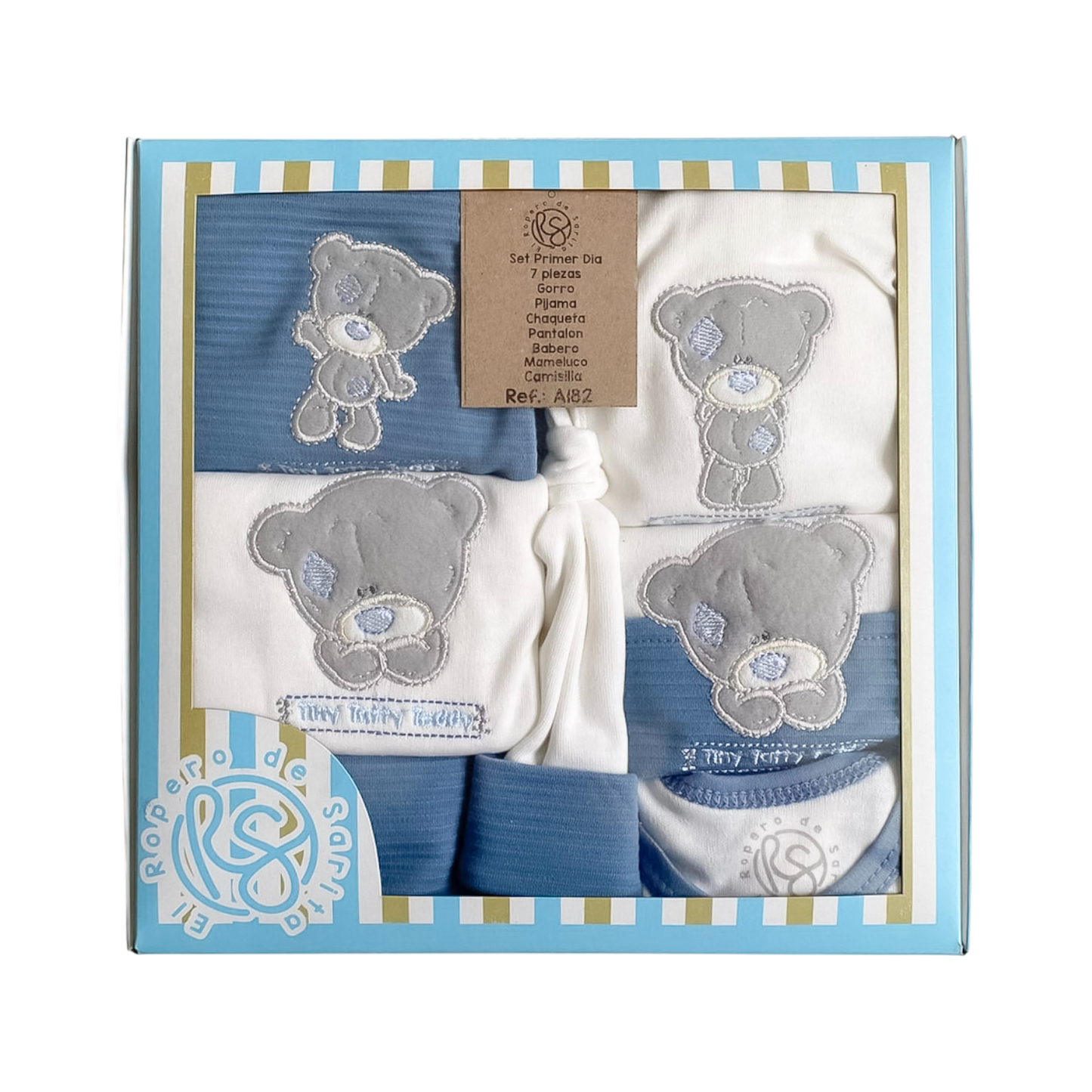 Tierno Osito de Bienvenida- Set Primer Día 7 Piezas Azul Índigo