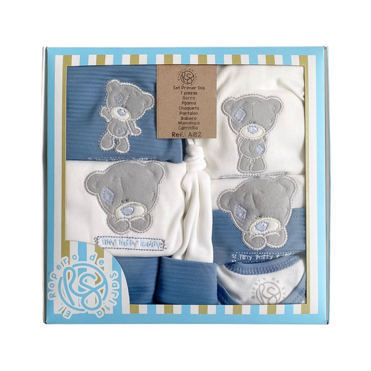 Tierno Osito de Bienvenida- Set Primer Día 7 Piezas Azul Índigo