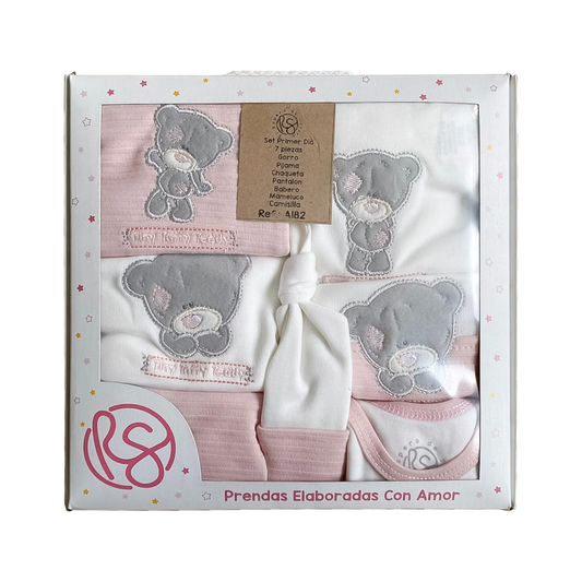 Tierno Osito de Bienvenida- Set Primer Día 7 Piezas Rosado